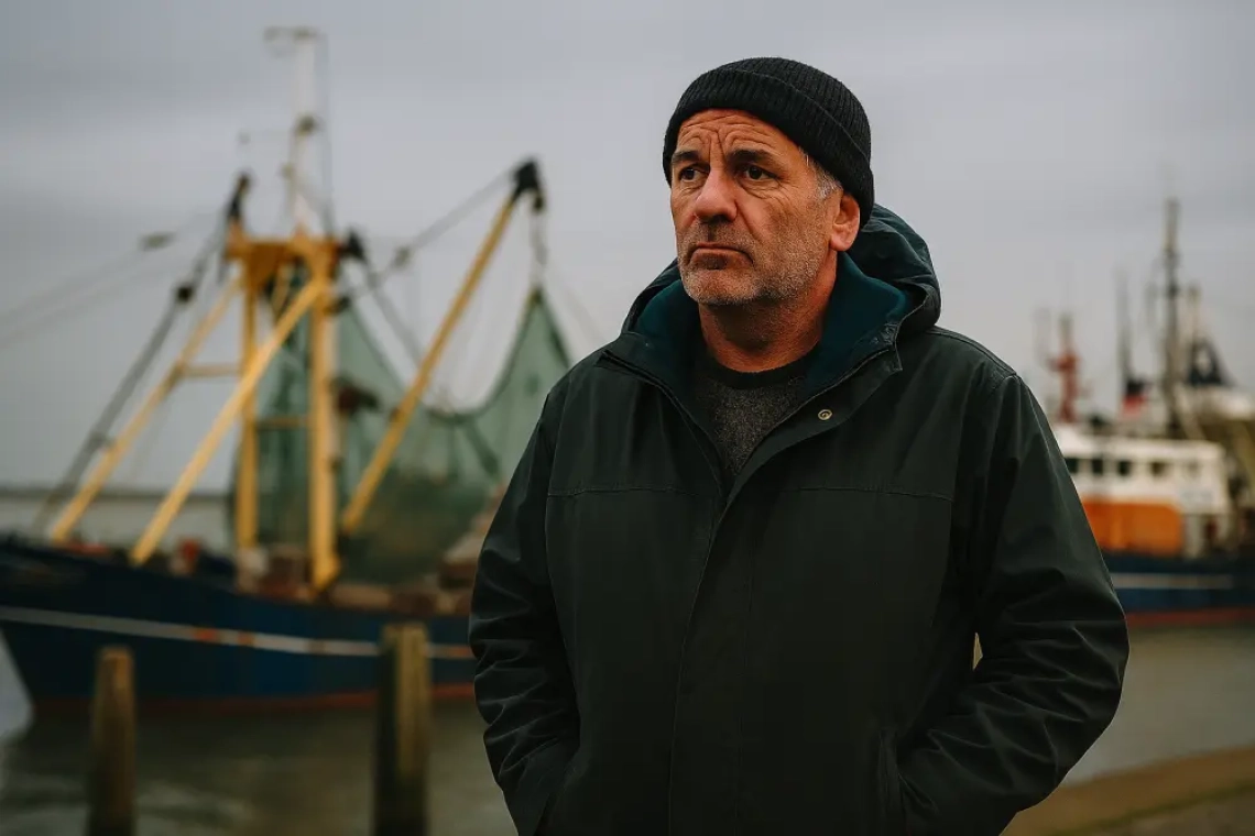 Een oudere man met serieuze blik en vissersjas staat aan een haven met vissersboten op de achtergrond. Hij draagt een zwarte muts en kijkt peinzend in de verte onder een grijze hemel.